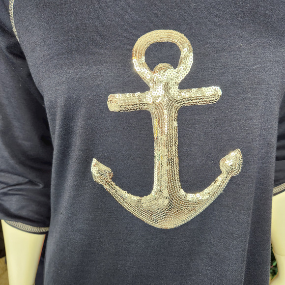 Lily Bleu Beach Navy Anchor Beach Cover-Up Womens M Sequin Rolled Sleeves TShirt - Picture 2 of 10
